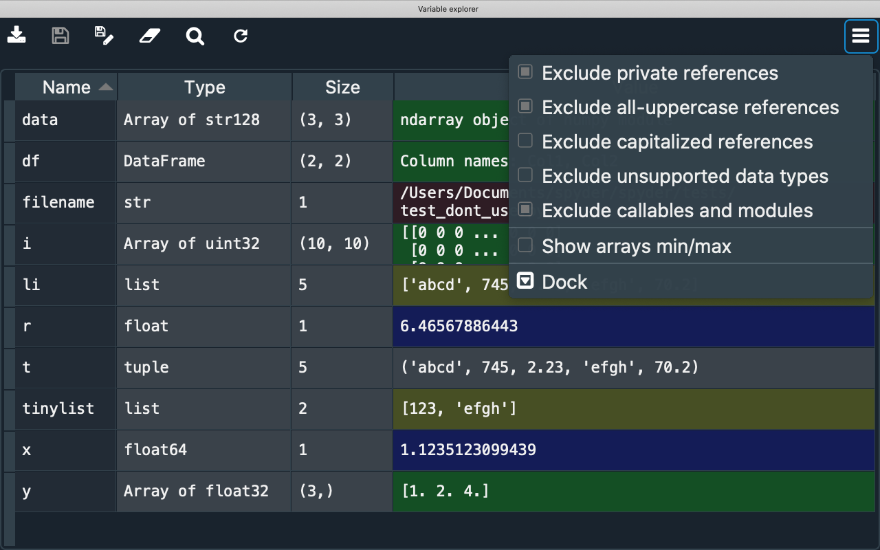 Spyder Variable Explorer, with options menu