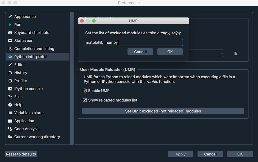 Spyder preferences showing option to use module reloader