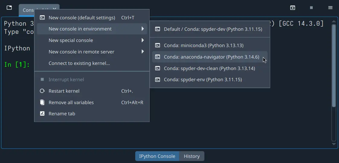 Spyder IPython Console context menu showing list of environments to open a new console in