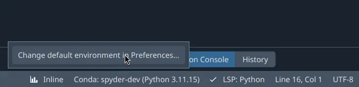 Spyder status bar showing current environment widget, with menu selected containing a quick link to the Python Interpreter preferences pane
