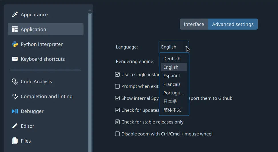 Spyder change language in preferences.