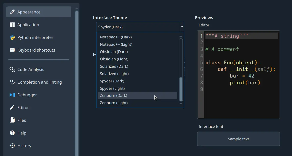 Spyder showing theme selection