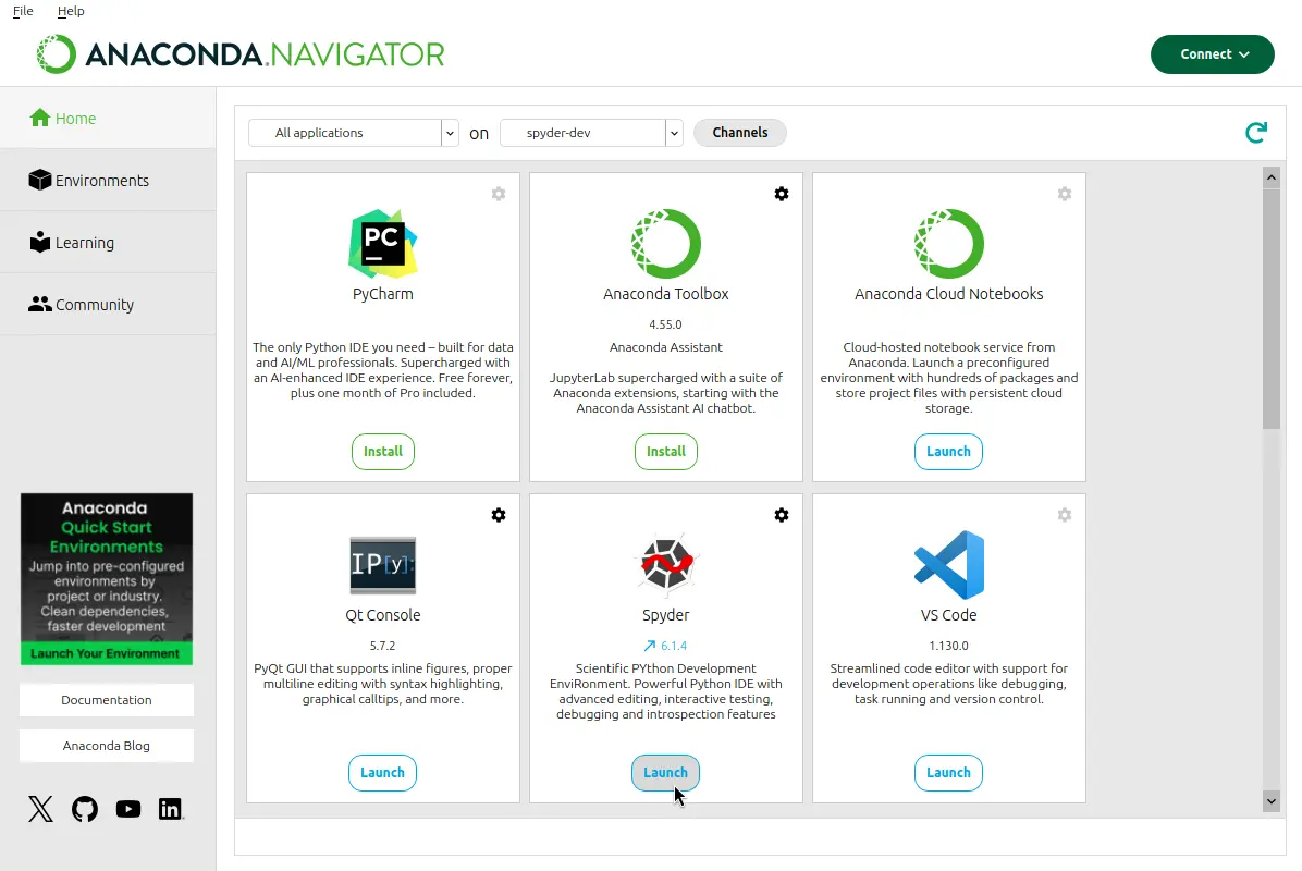 Navigator showing running a specific version of Spyder