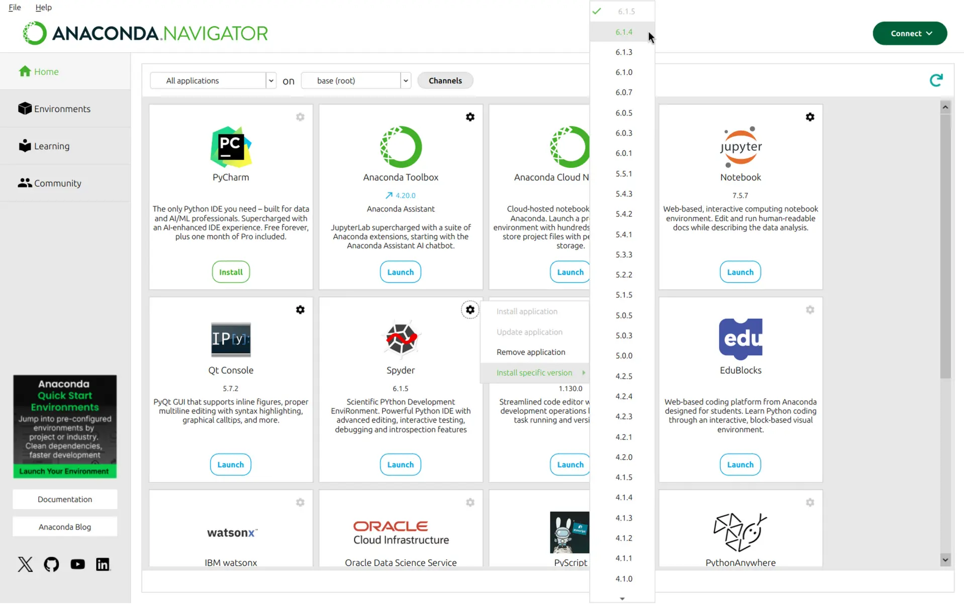 Navigator showing installing specific version of Spyder