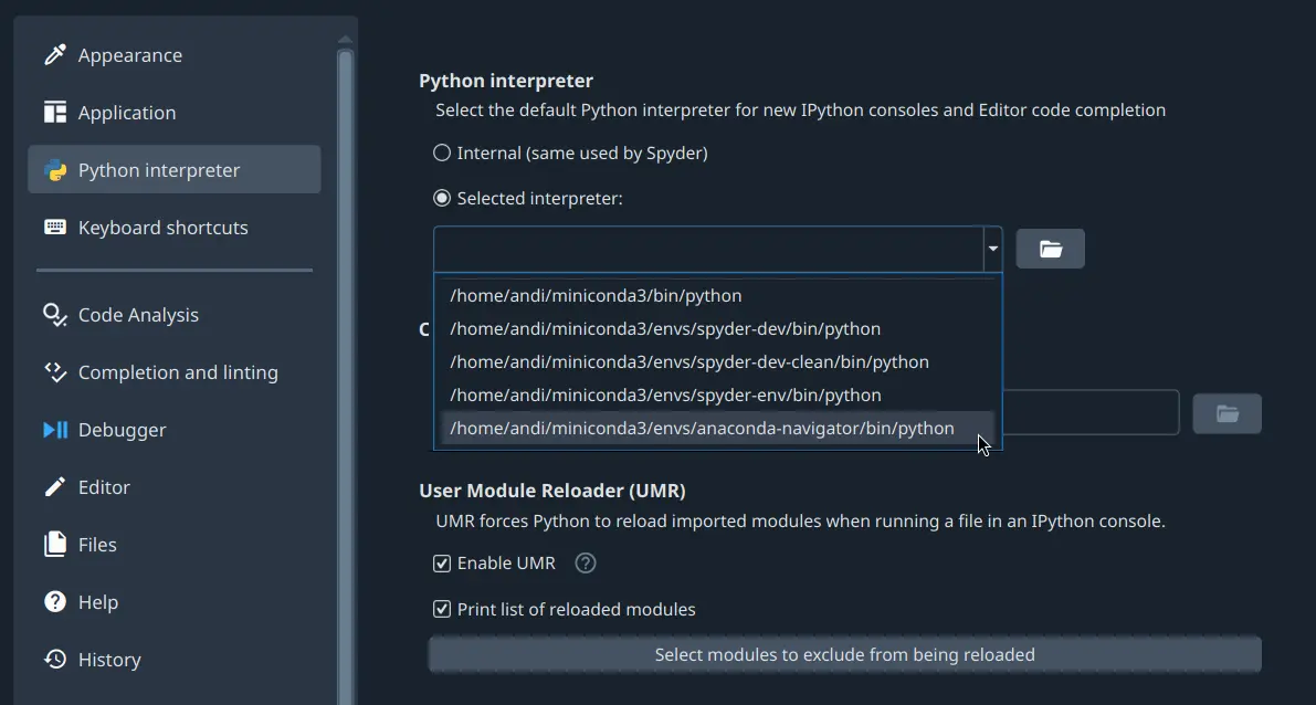 Preferences showing changing Python interpreter