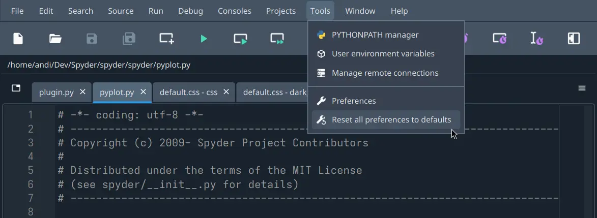 Spyder reset button in Tools