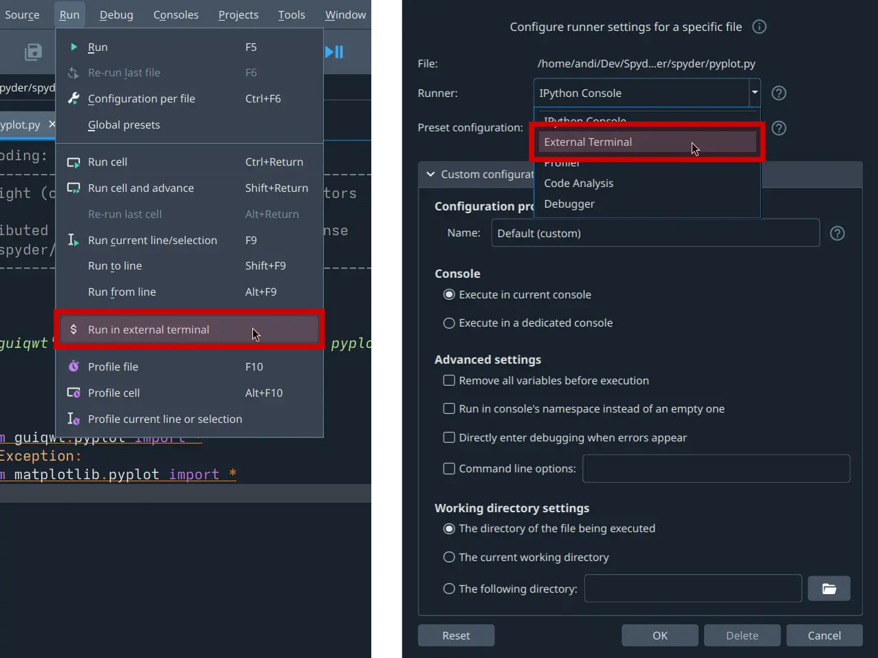 Spyder showing option to run code in an external terminal