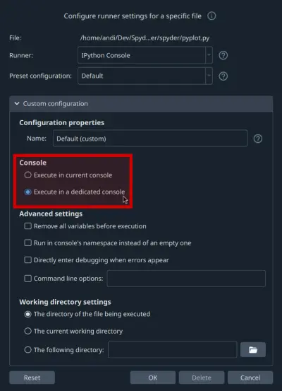 Spyder showing run configuration options