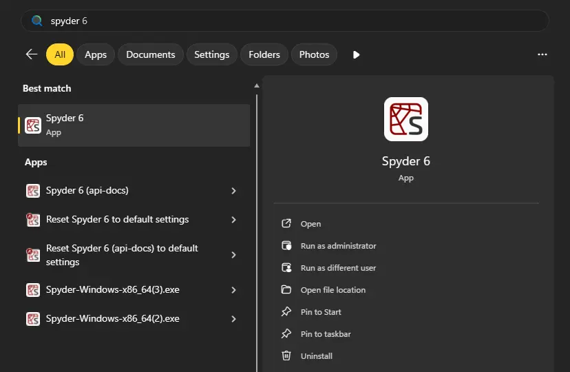 Spyder shortcut in the Windows Start menu