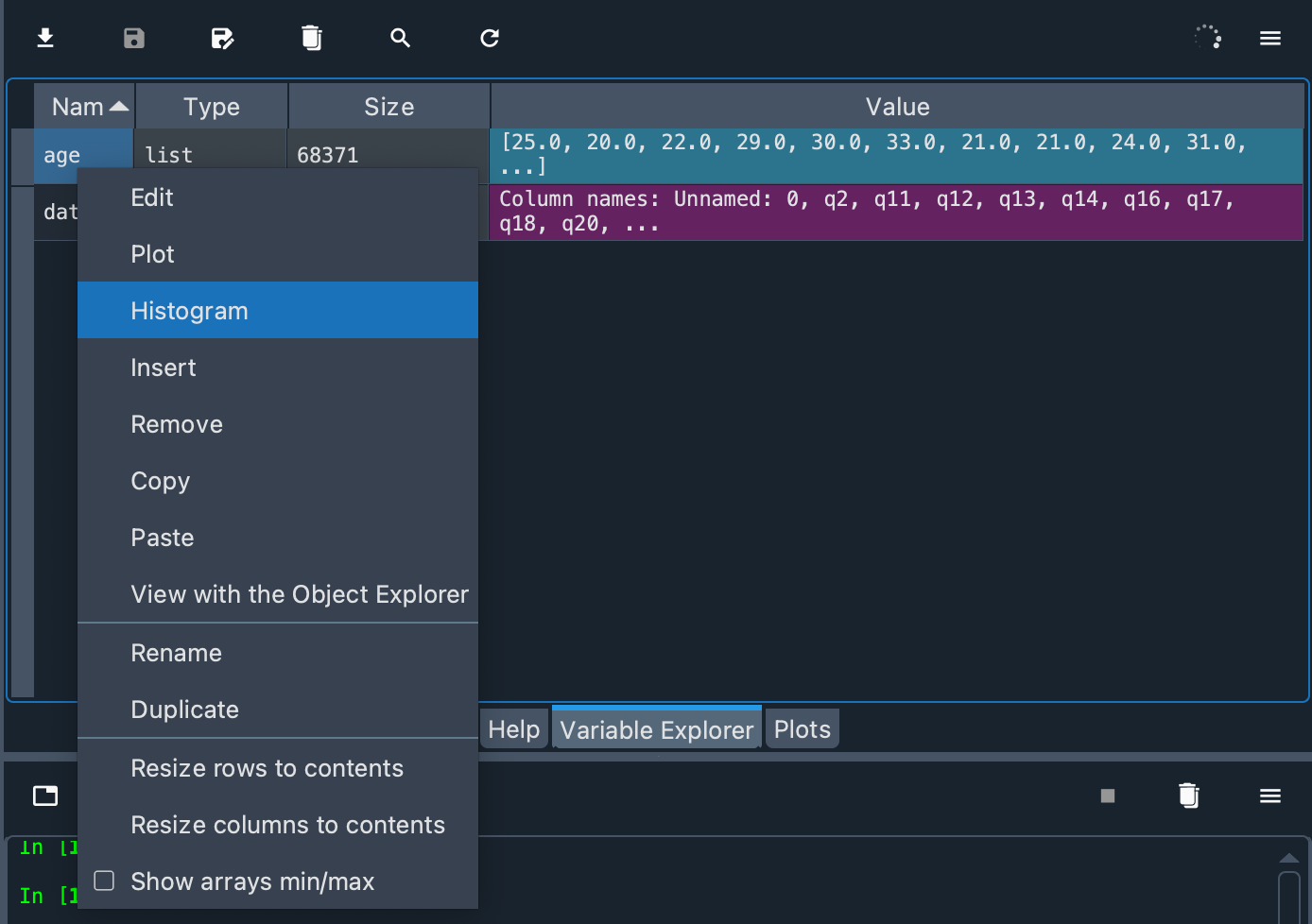 Age histogram option from Variable Explorer