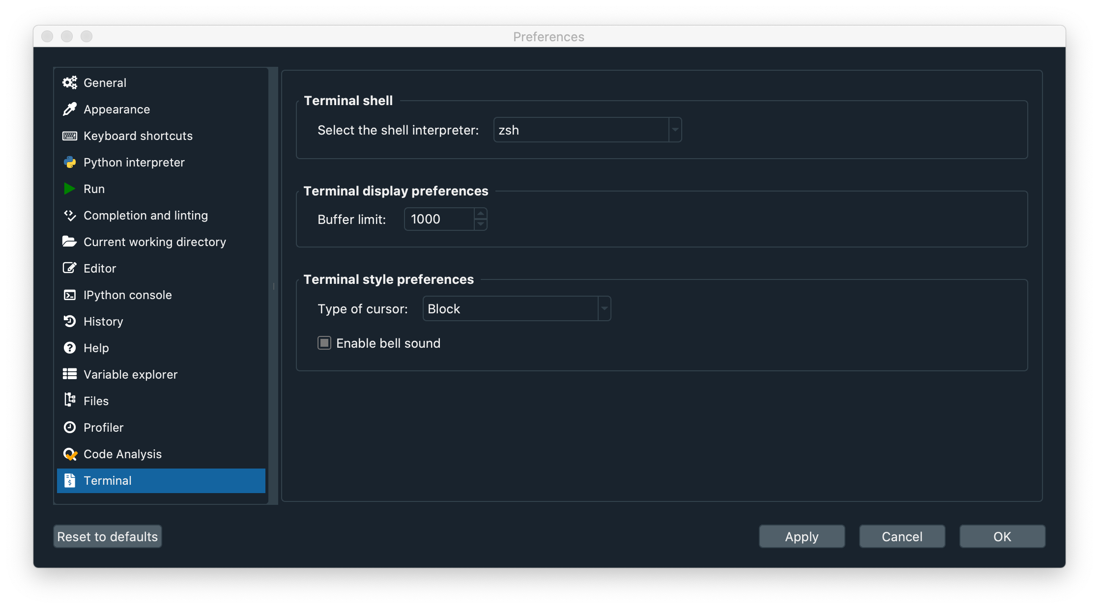Preferences of the Terminal plugin