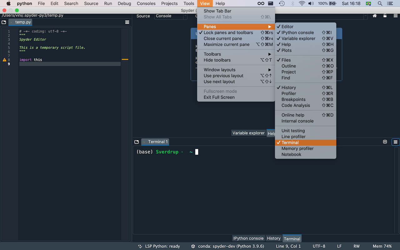 Spyder showing view panes Terminal