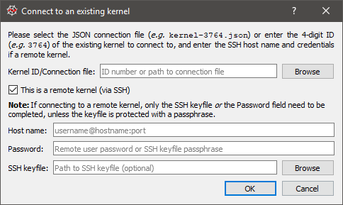 Connect to kernel dialog, requesting path and connection details