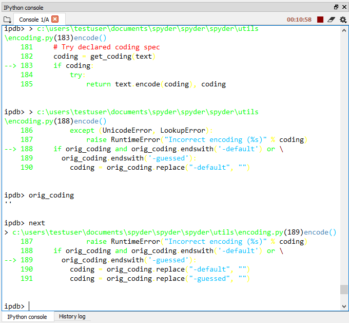 A Spyder IPython console window, showing the ipdb debugger in action