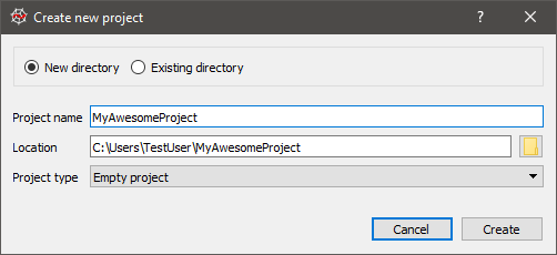 New project dialog, with options to set the name, type and location