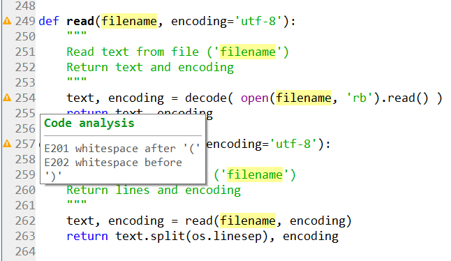 A snippit of code in the Spyder Editor, showing code style warnings