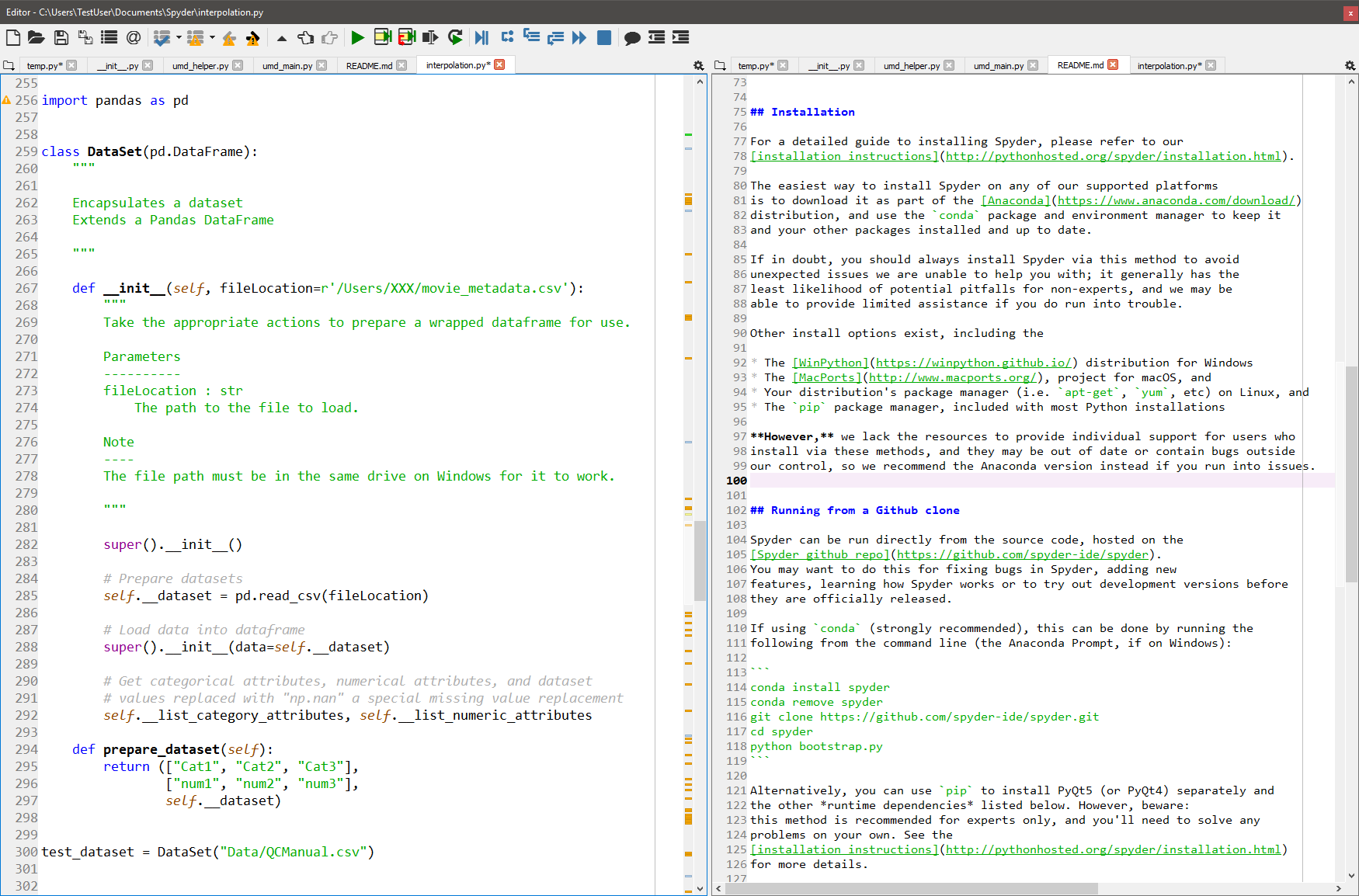 Spyder's Editor panel, split horizontally and with style analysis