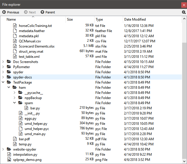 Spyder File Explorer panel, showing a tree view of files and metadata
