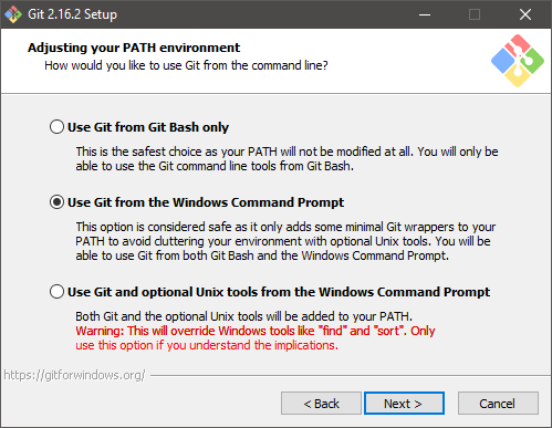 Git for Windows installer on the PATH options page; 2nd option chosen