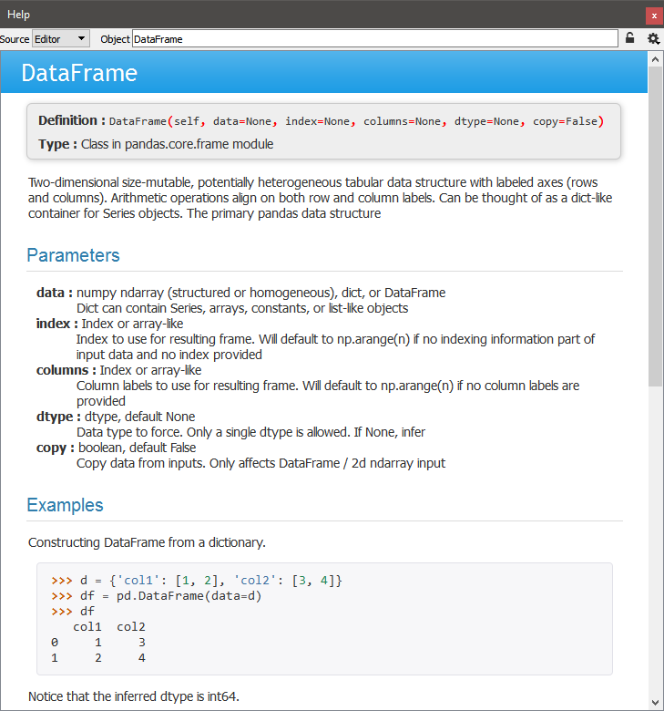Spyder Help panel, displaying rich text docs for the DataFrame class