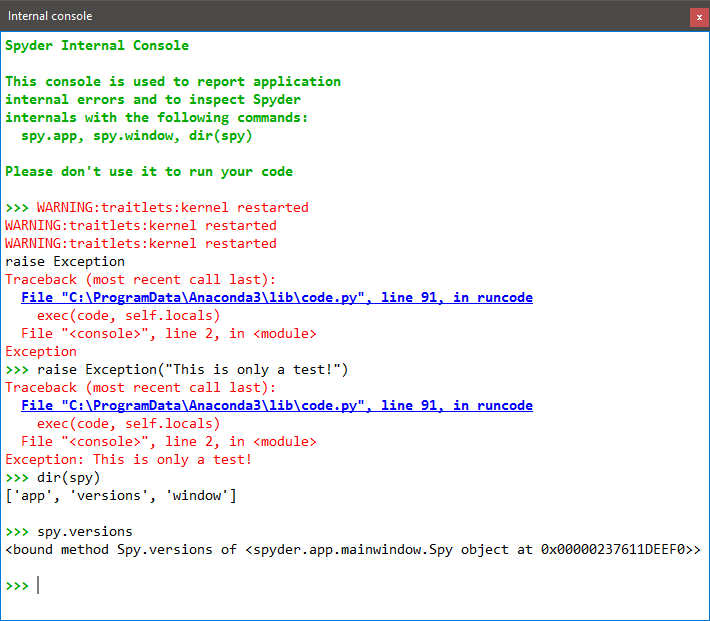 Spyder Internal Console, with error messages and command output shown