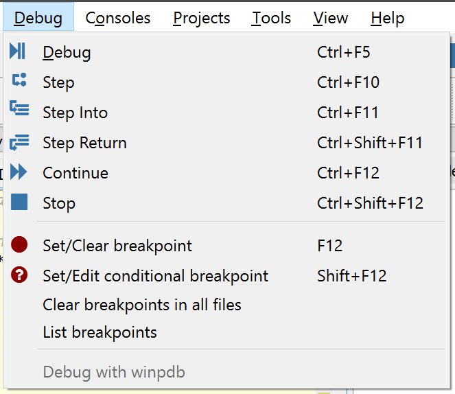 Spyder's debug menu, showing options to set, show and clear breakpoints, and control debugger execution flow