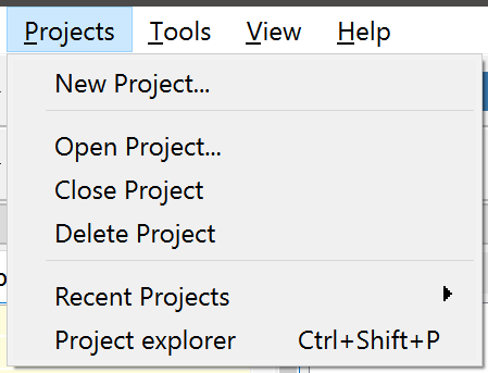 Closeup of Spyder's Projects menu, containing project-related commands