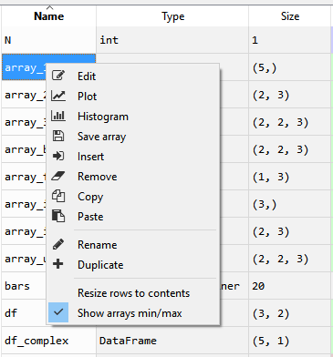 Variable Explorer with a context menu, including plot/histogram options