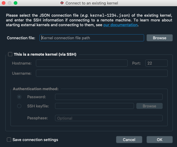 Connect to external kernel dialog of the Spyder IPython console