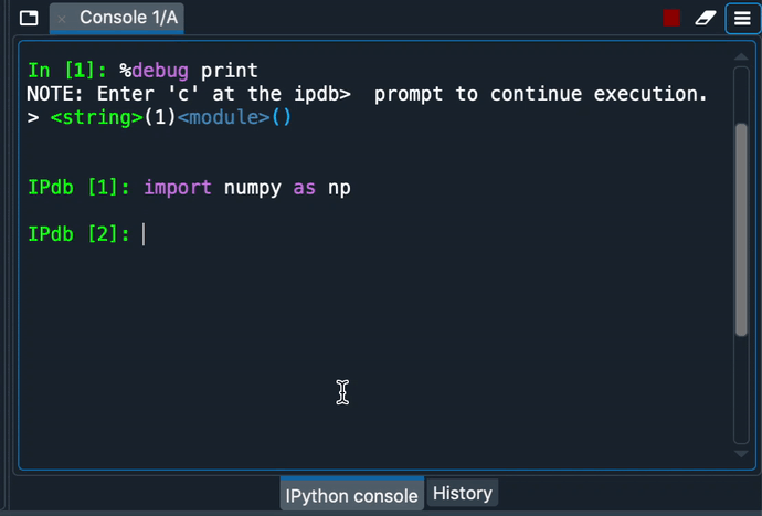 A Spyder IPython console window, showing autocompletion when debugging
