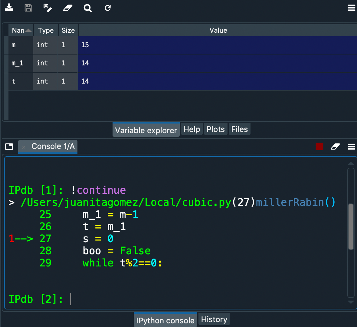 Spyder's console and variable explorer showing local and global variables when debugging