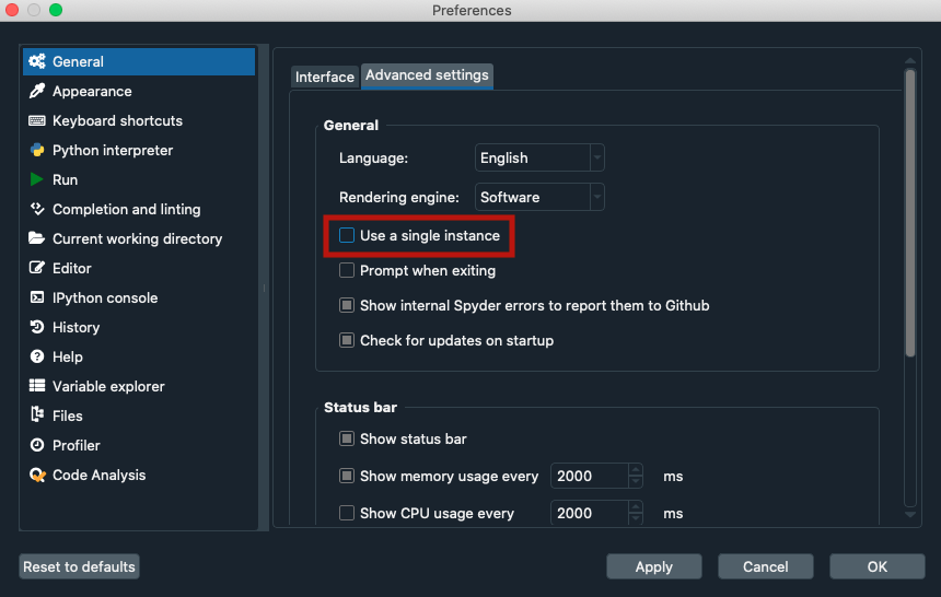 Spyder showing Use a single instance setting