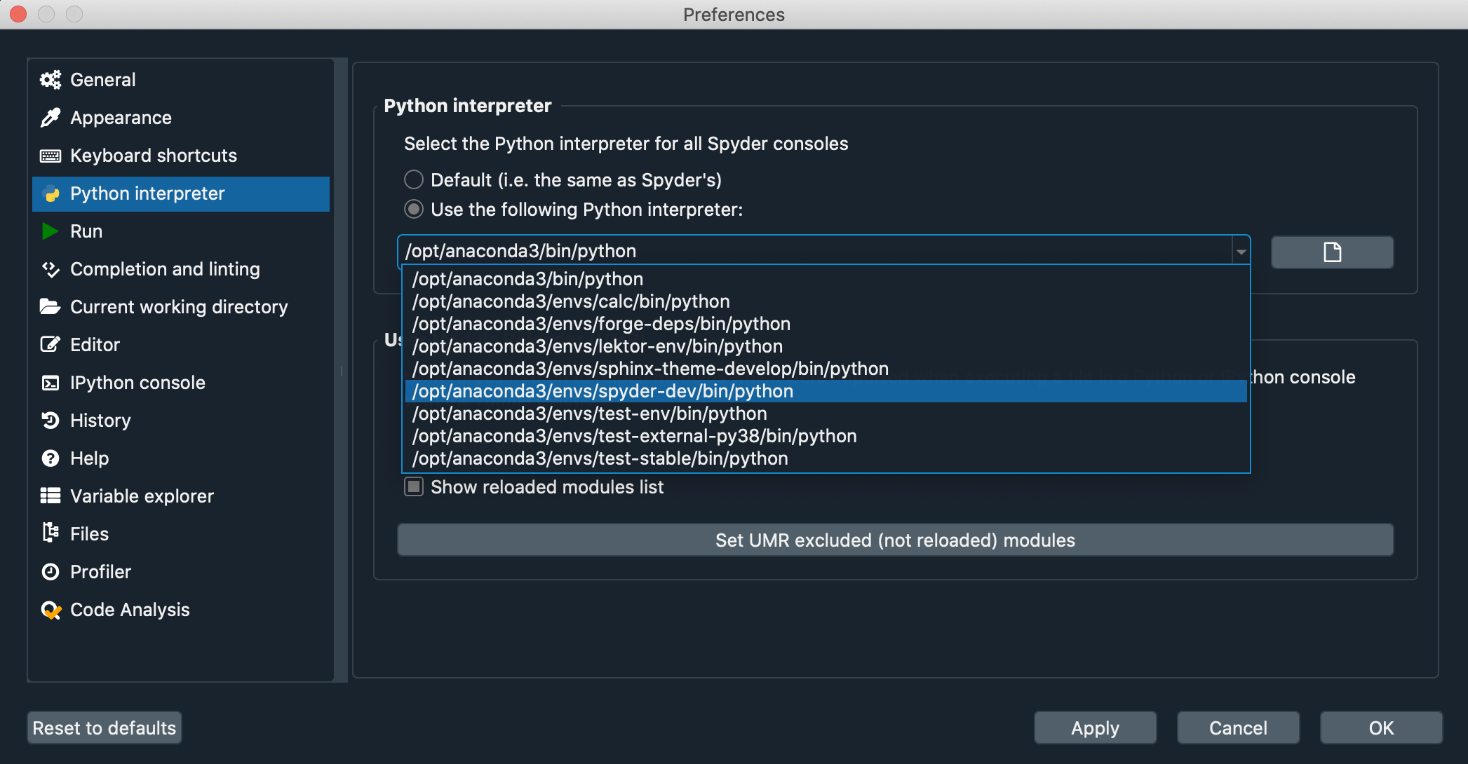 Preferences showing changing Python interpreter