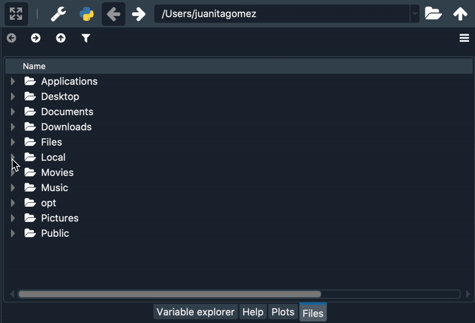 Spyder Files pane showing browsing directories