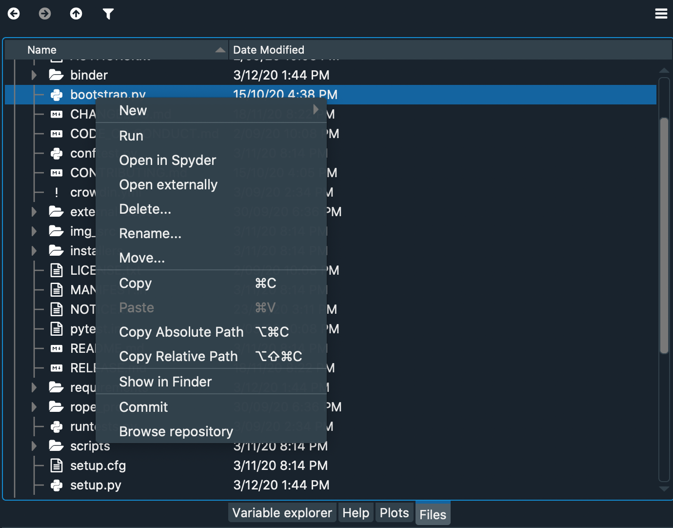 Spyder Files pane showing context menu