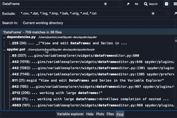 Spyder Find pane showing search excluding several file-types