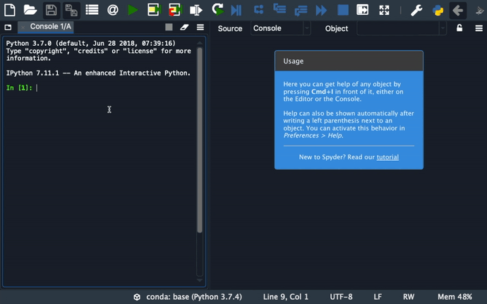 Spyder console and help pane showing automatic help with parenthesis