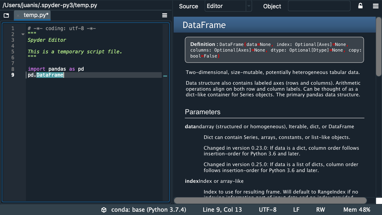 Spyder Editor and Help panes, with the latter displaying documentation for an object selected in the former.