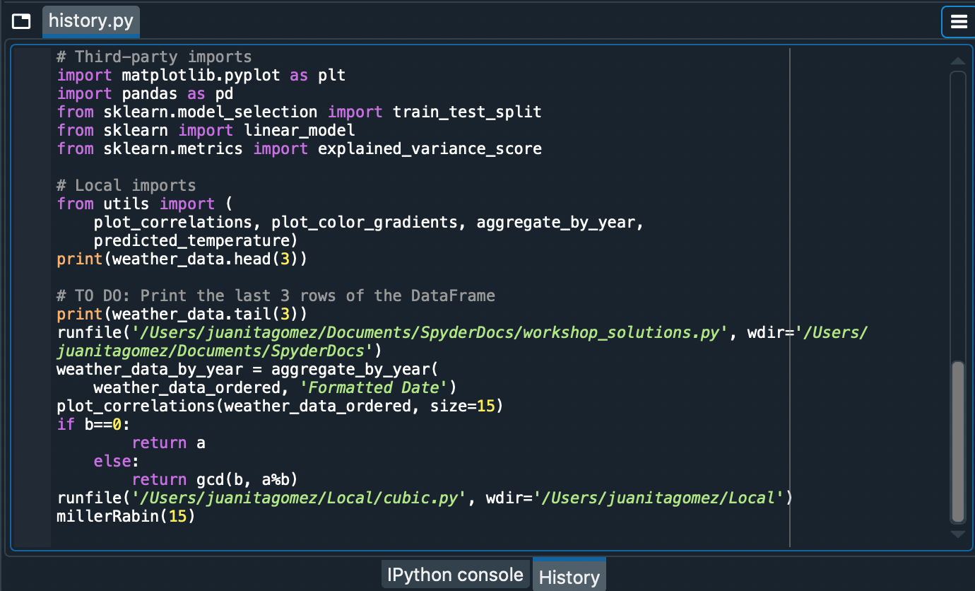 Spyder History Log, displaying a list of previously executed commands