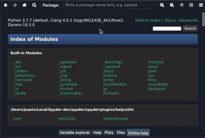 Spyder Online Help pane showing module browsing