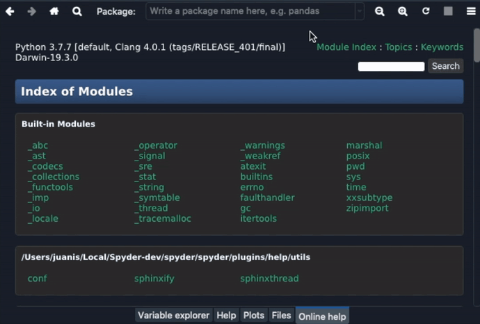 Spyder Online Help pane showing module browsing by name