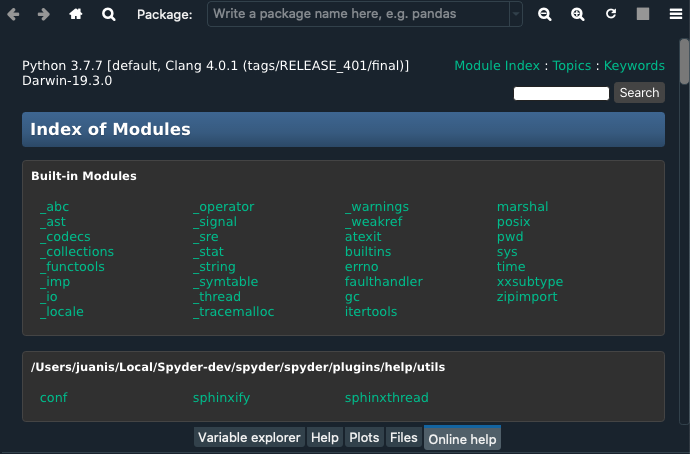 Spyder Online Help pane on the index page, a list of builtin modules