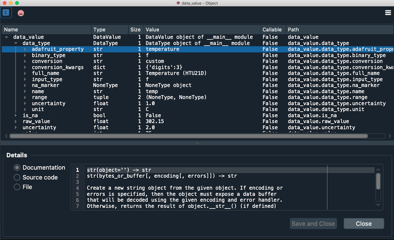 Object explorer showing dataframe