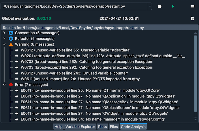 Spyder Pylint pane, showing numerous issues discovered in a file