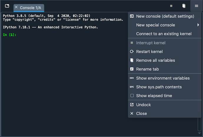 Spyder IPython Console with options menu
