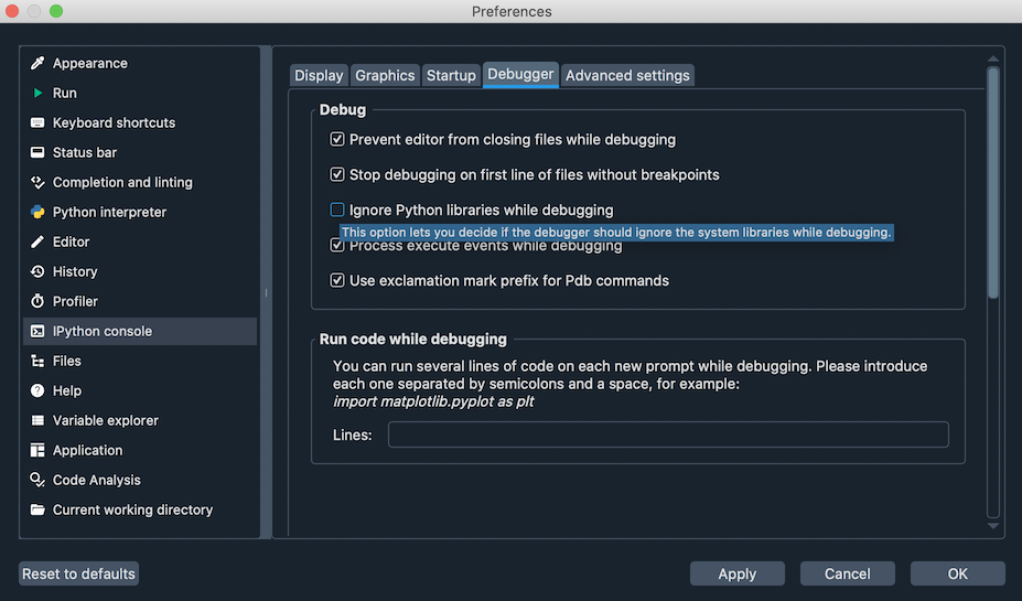 Spyder's preferences showing Ignore Python libraries while debugging options