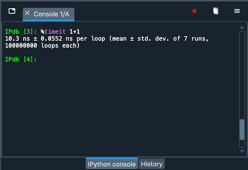 Ipython console in debug mode showing timeit magic