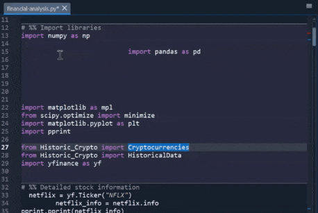 Spyder Editor pane, showing an example of code selection formatting