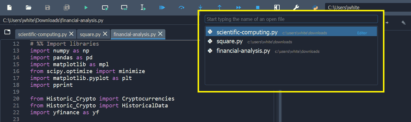 Spyder's Editor pane, showing the file switcher