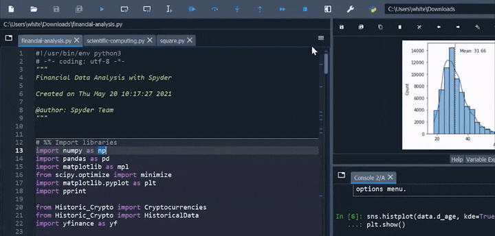 Spyder's Editor pane, showing how to split panels